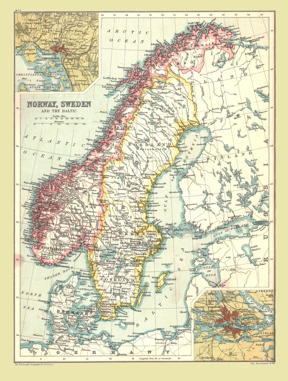 ノルウェーとスウェーデンの地図、1902年。 作： 不明