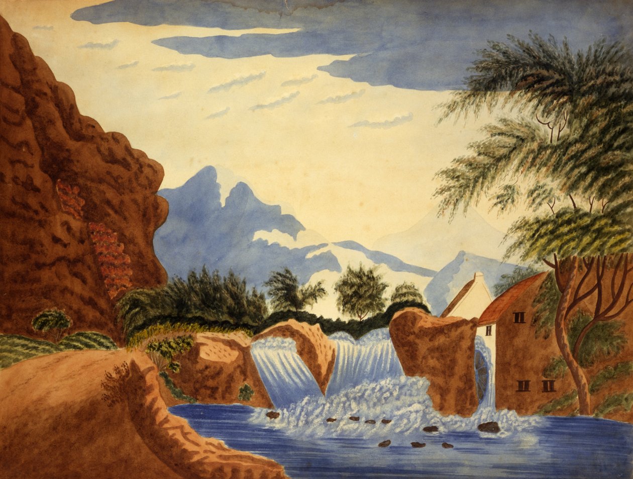 マウンテン シーンと水車、カリフォルニア州。 1820～1870年。 作： 不明