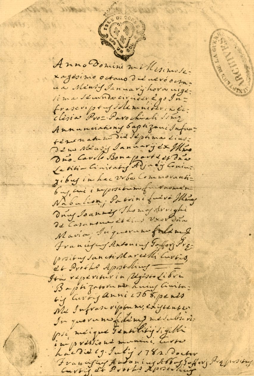 ナポレオン出生証明書、1771年7月21日、1921年。 作： 不明