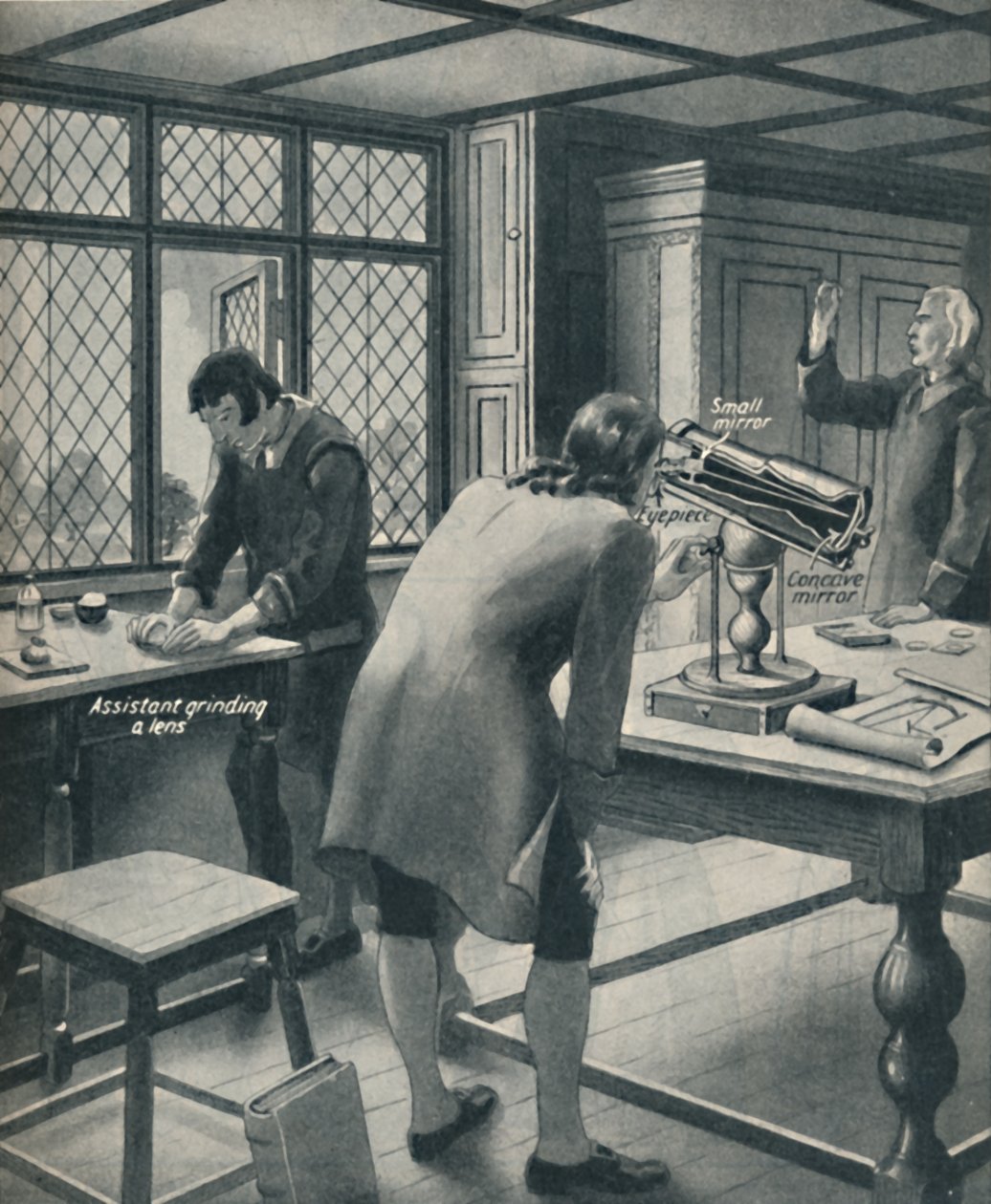 ニュートンは新しい望遠鏡、c1934を発明します 作： 不明