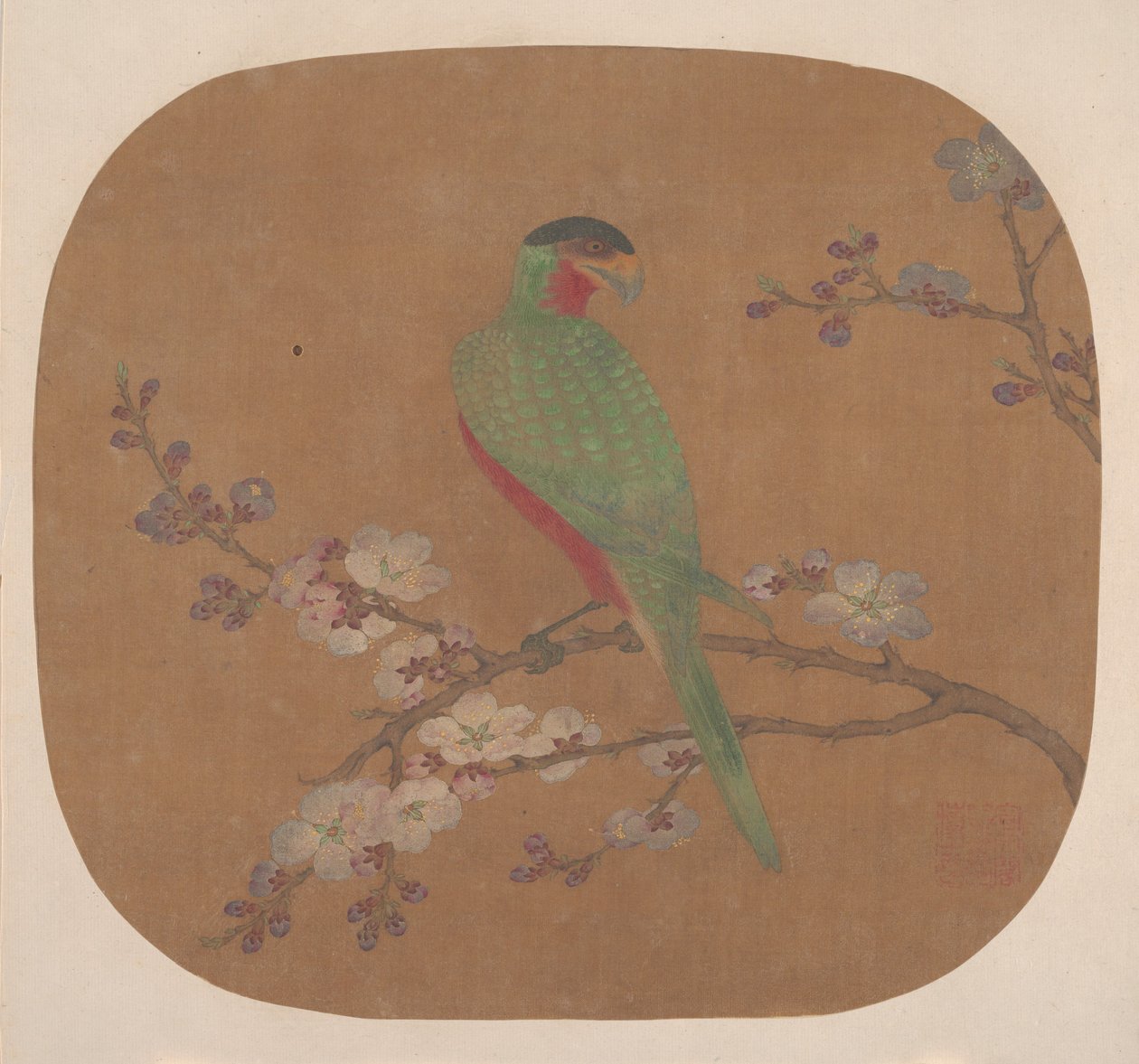 開花木の枝のオウム。 作： 不明