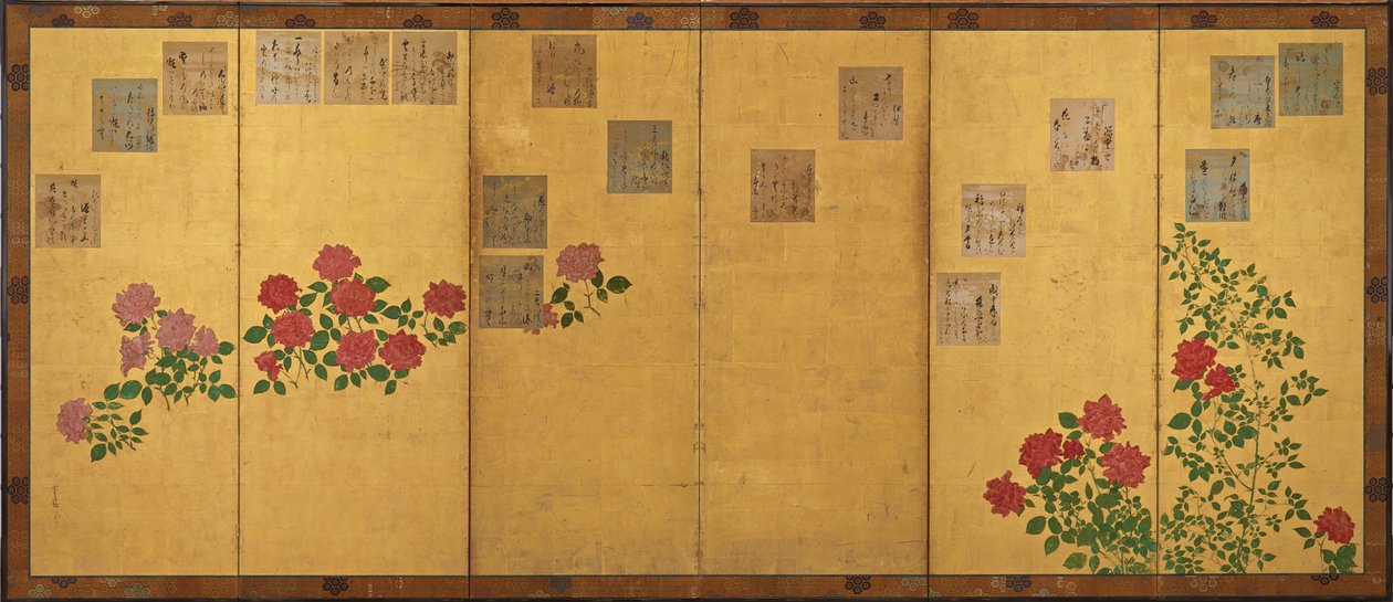 詩紙とバラ、江戸時代、1615-1868. 作： 不明