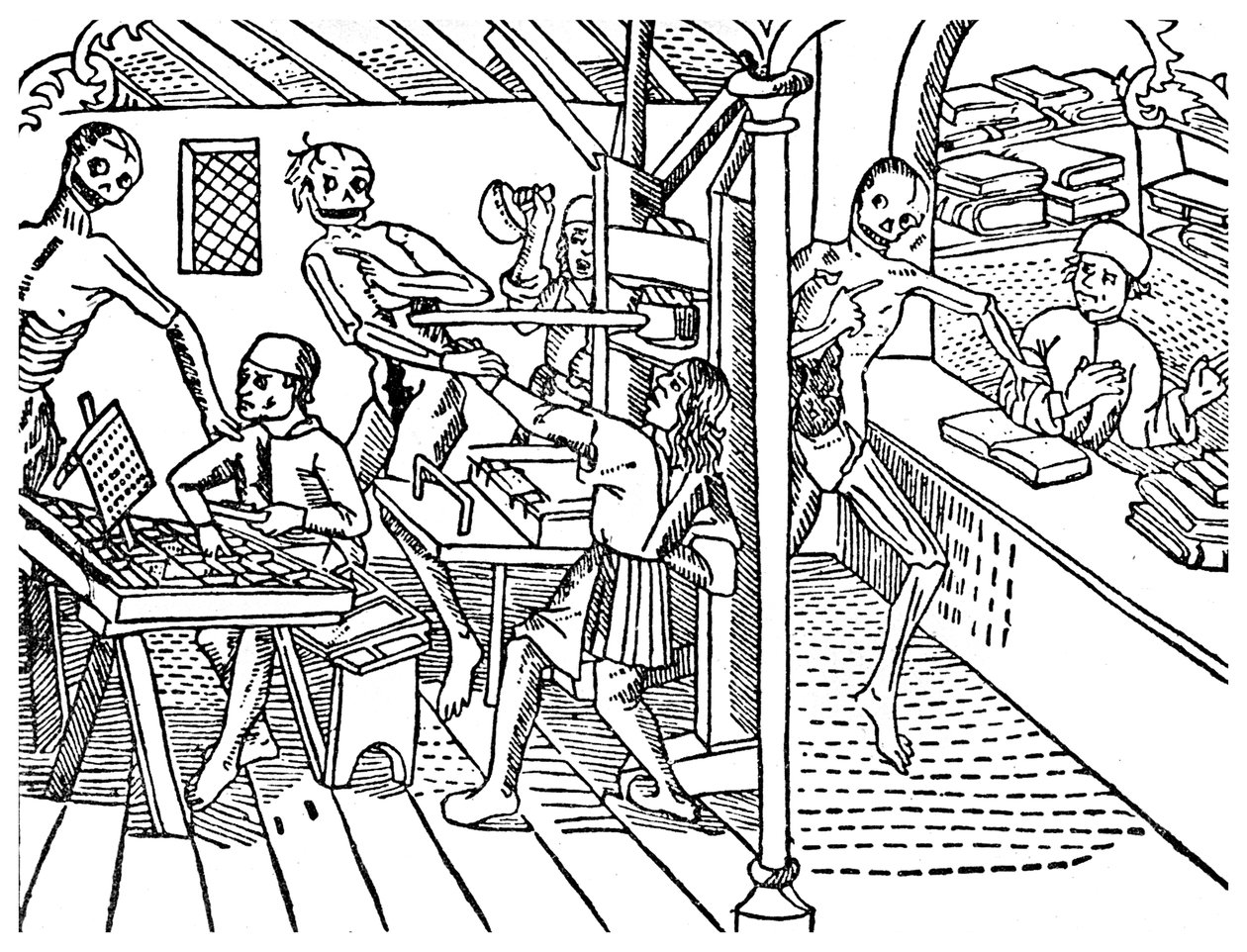 スケルトンに嫌がらせを受けた印刷作業者、1499年1499年 作： 不明