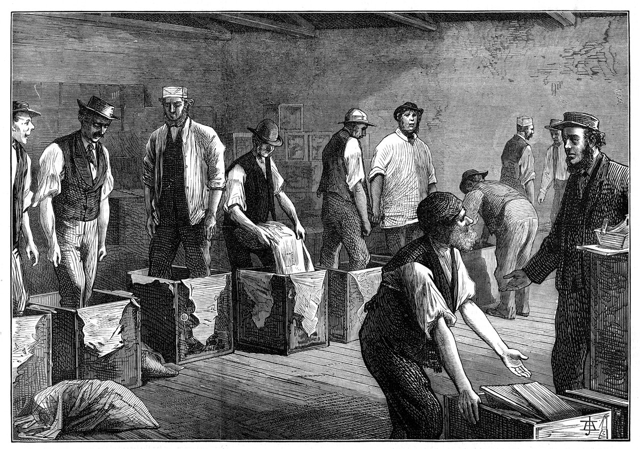 お茶の倉庫でのチェストの補充、1874 作： 不明