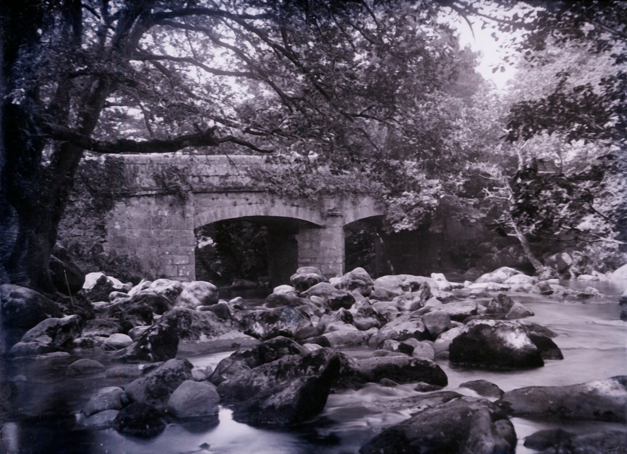 1920年、デボンのプリマス近くの川と橋。 作： 不明