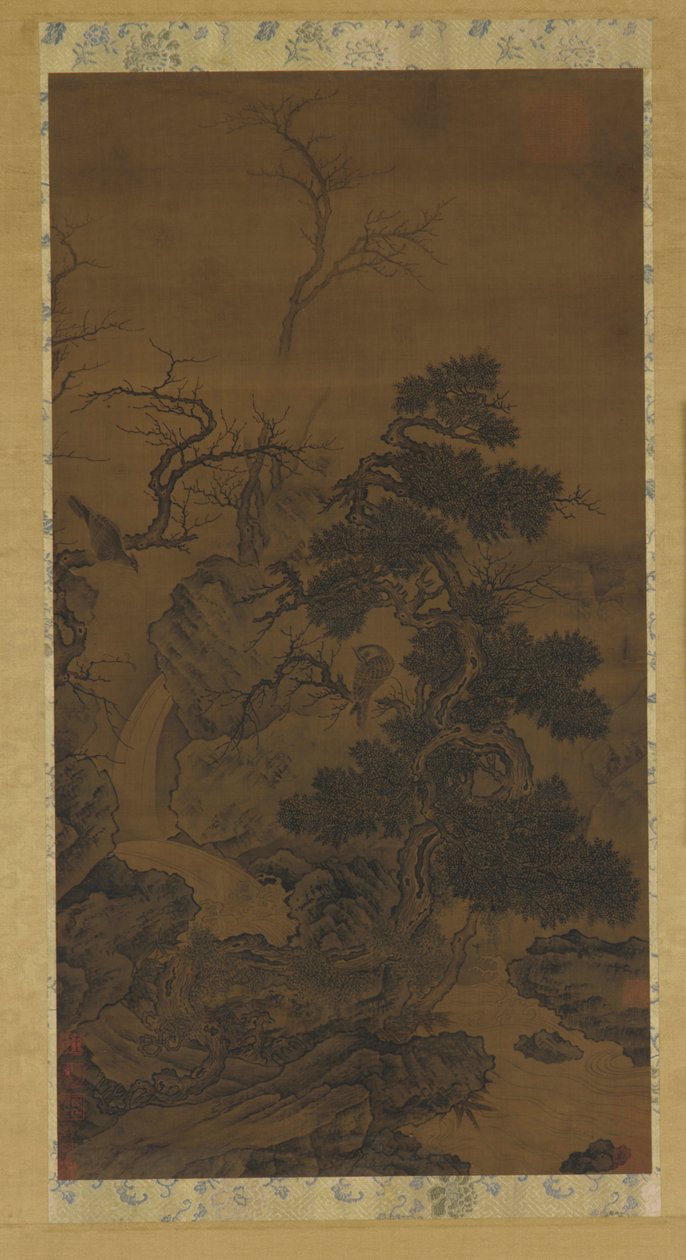 岩、木、小川、鷹、14 世紀。 作： 不明