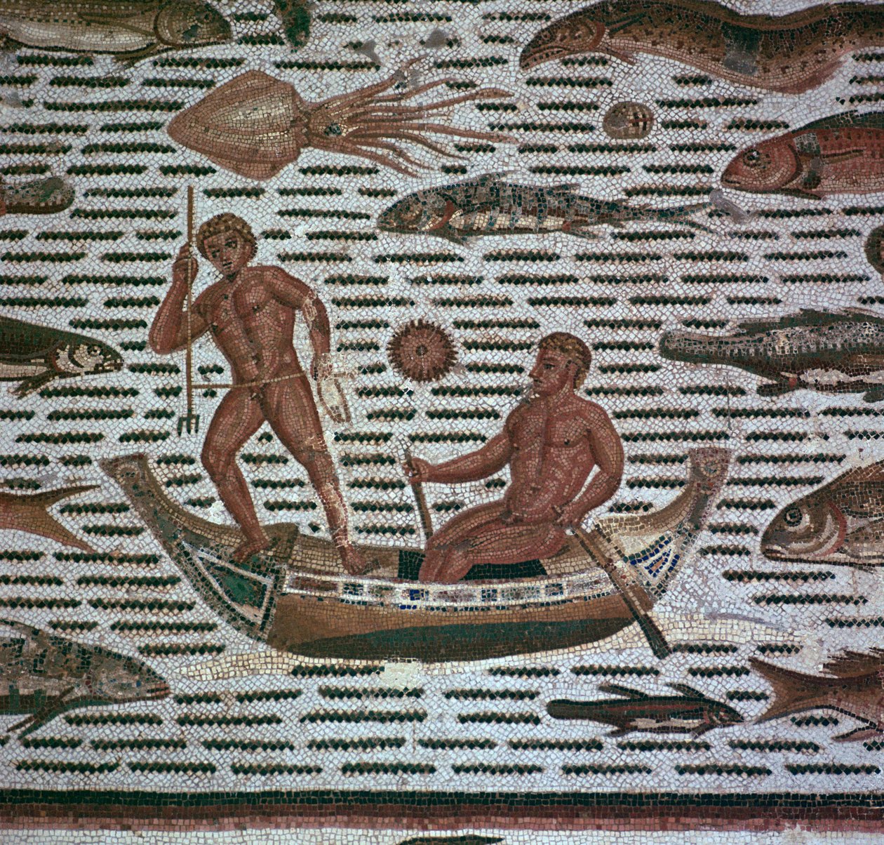 釣り人を描いたローマ時代のモザイク、2 世紀 作： 不明