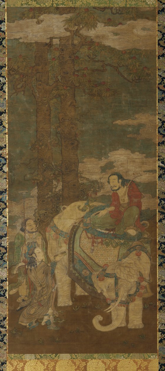 象に乗った釈迦、16～17世紀。 作： 不明