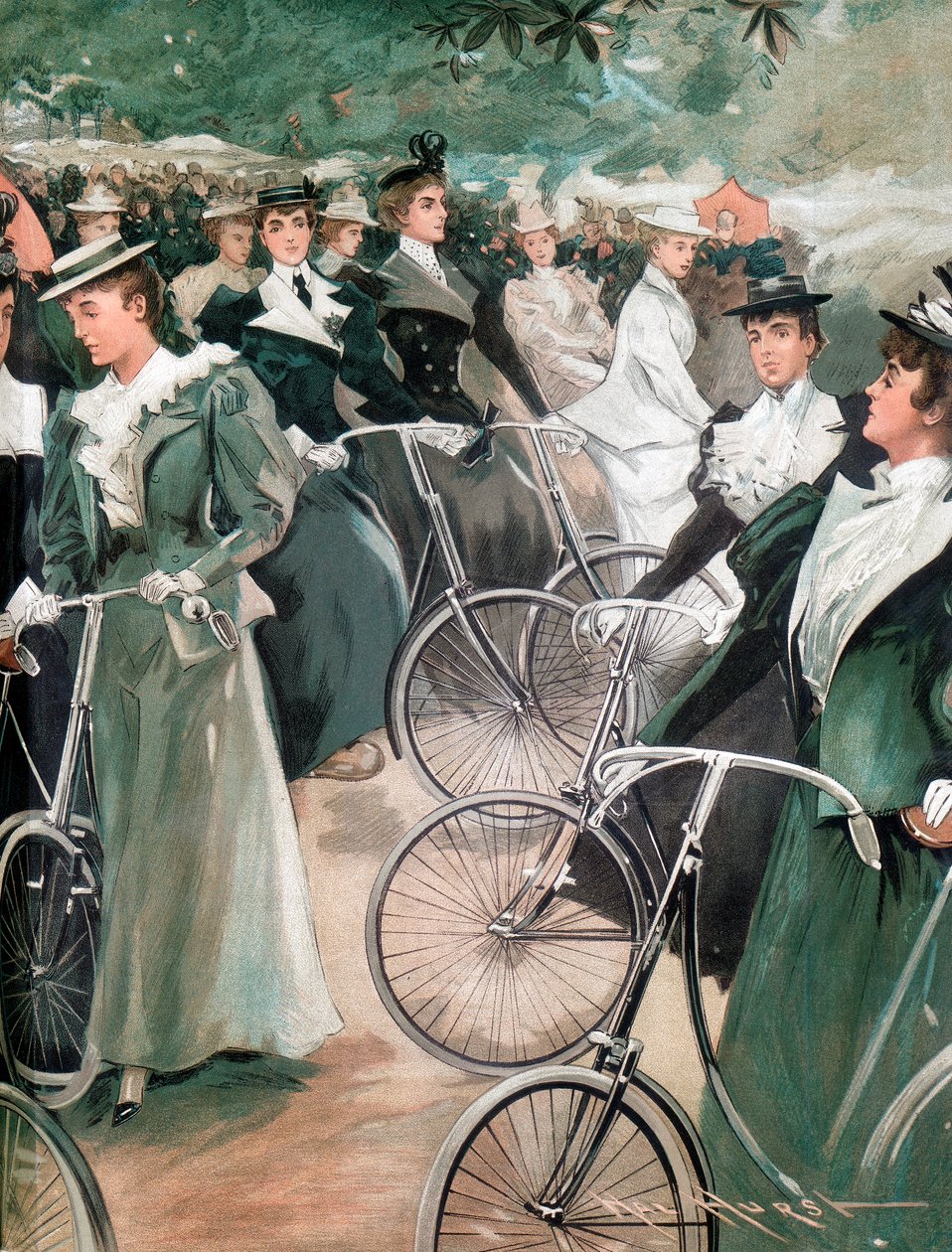 1896年、ロンドンのハイドパークで自転車に乗る社会の女性たち 作： 不明