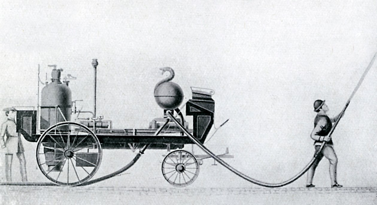 最初の蒸気消防車、c1830 作： 不明