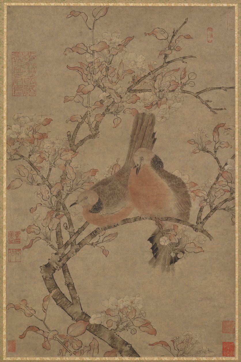 開花枝に 2 羽の鳩、14 ～ 15 世紀。 作： 不明