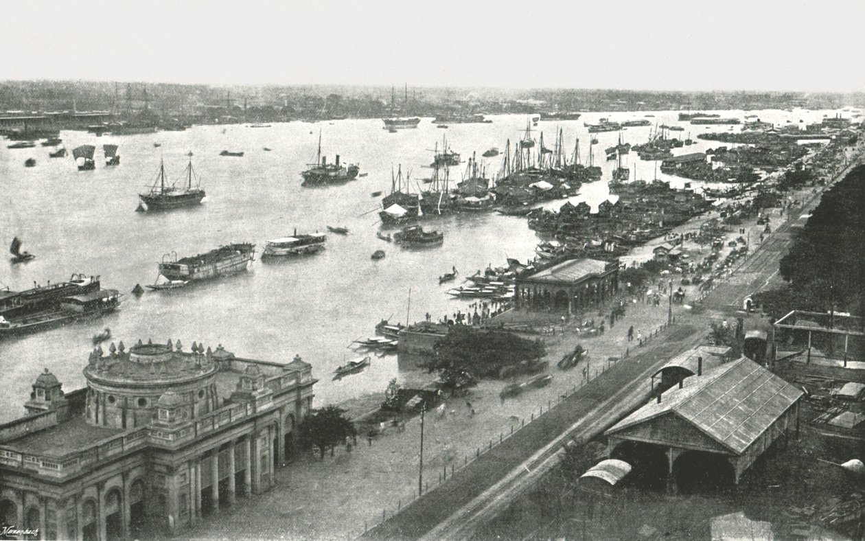 フーグリー橋、カルカッタ、インド、1895年からの眺め。 作： 不明