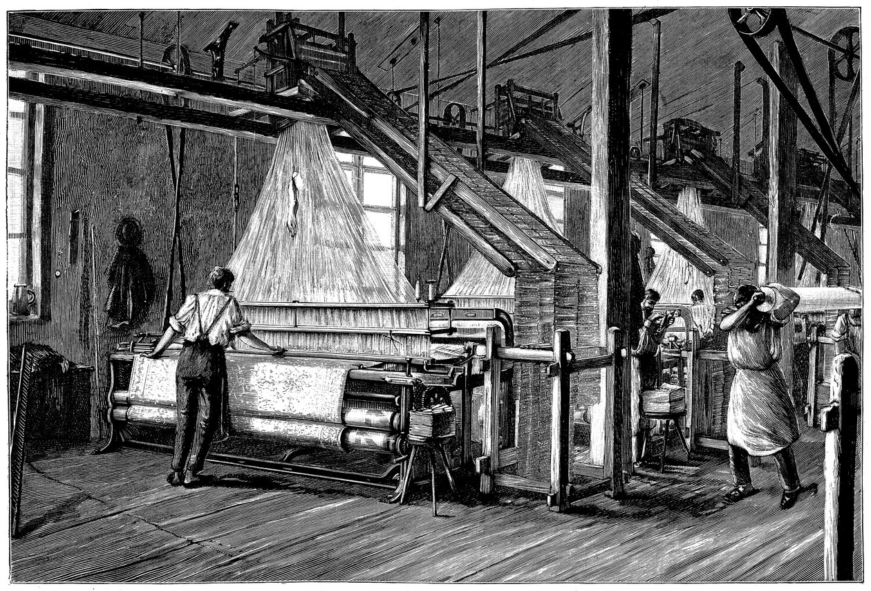 Jacquard動力織機を装備した製織小屋、c1880 作： 不明