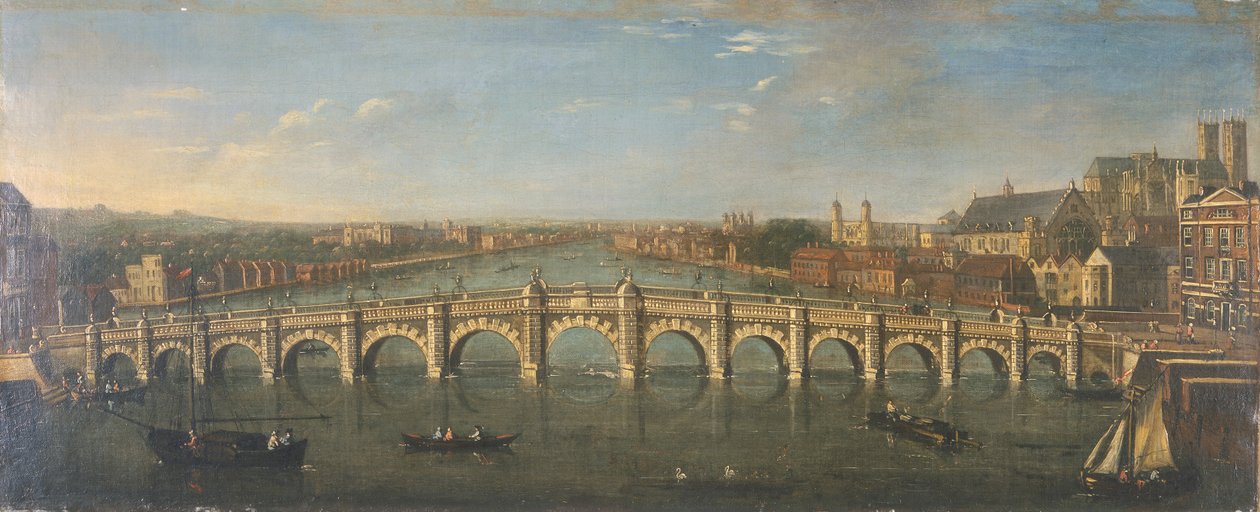 「川から見たウェストミンスター橋、南を見る」、c1750 作： 不明