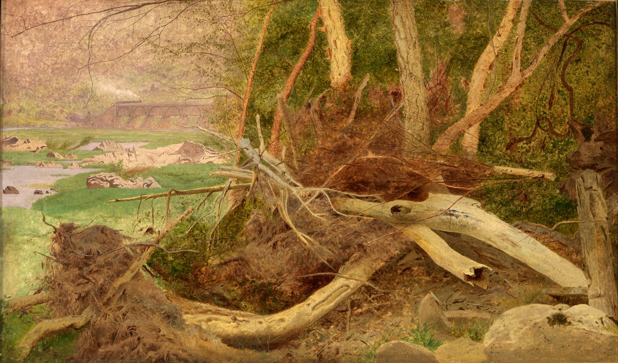 橋のある樹木が茂った風景、カリフォルニア州。 1860～1870年。 作： 不明