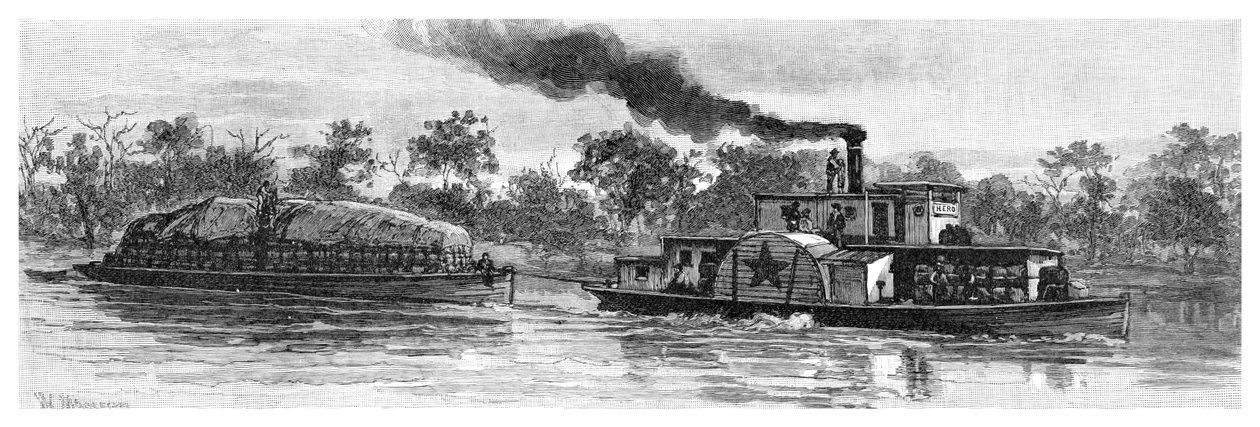 オーストラリア、ダーリング川の羊毛はしけ、1886 作： 不明