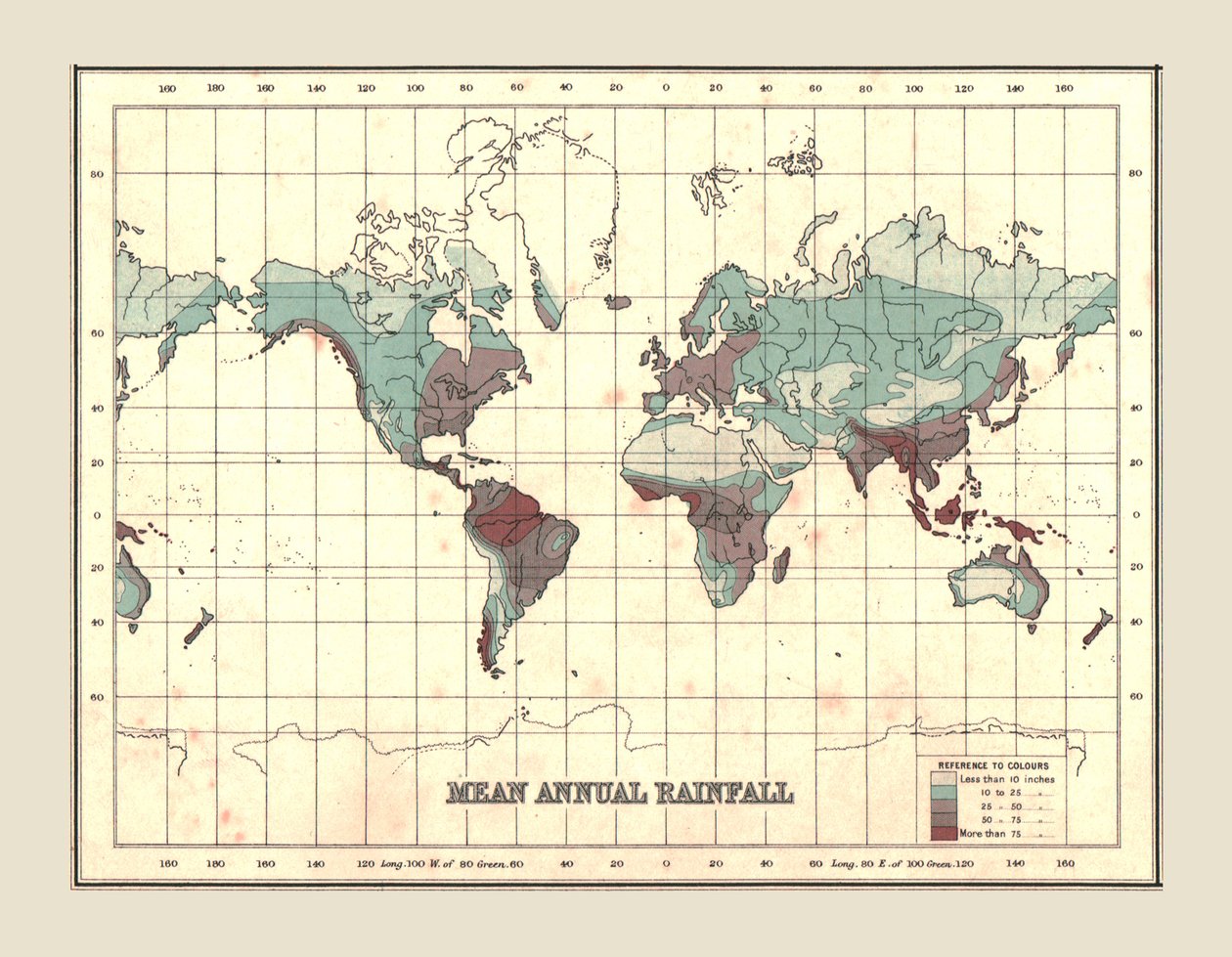 1902年の平均年間降水量を示す世界地図。 作： 不明