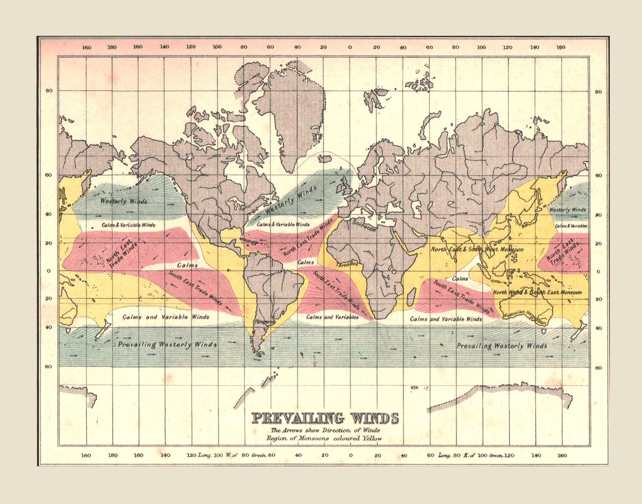 支配的な風を示す世界地図、1902年。 作： 不明