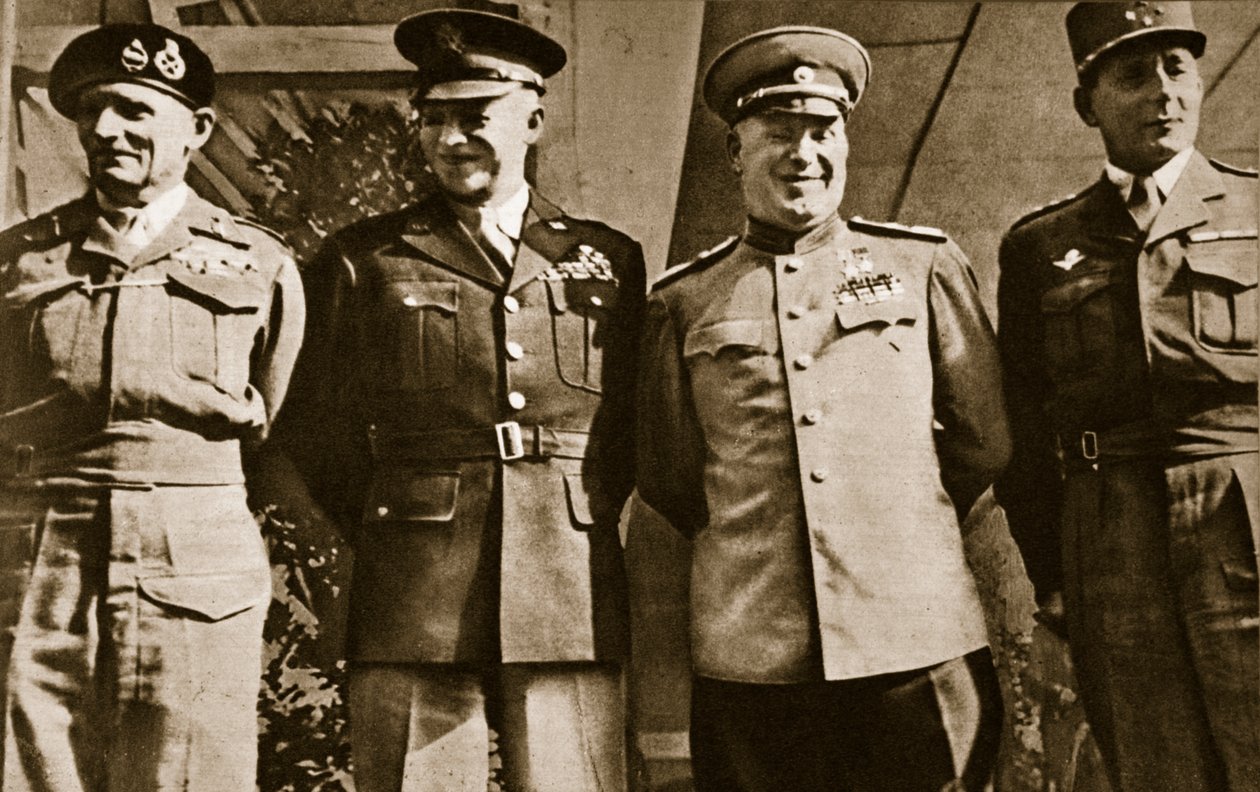 1945年6月5日、モンゴメリー元帥、アイゼンハワー将軍、ジューコフ元帥、ベルリンのラトルデタシニー将軍 作： 不明不明