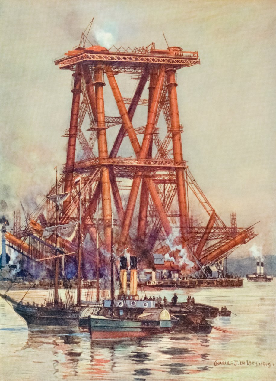 建設中のスコットランド、フォース橋。 c.1880-1890 作： 無名の画家