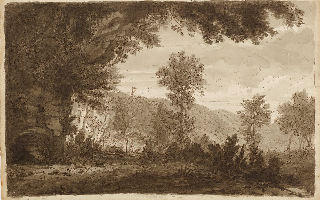 洞窟の入り口のあるイタリアの風景 作： 無名の画家