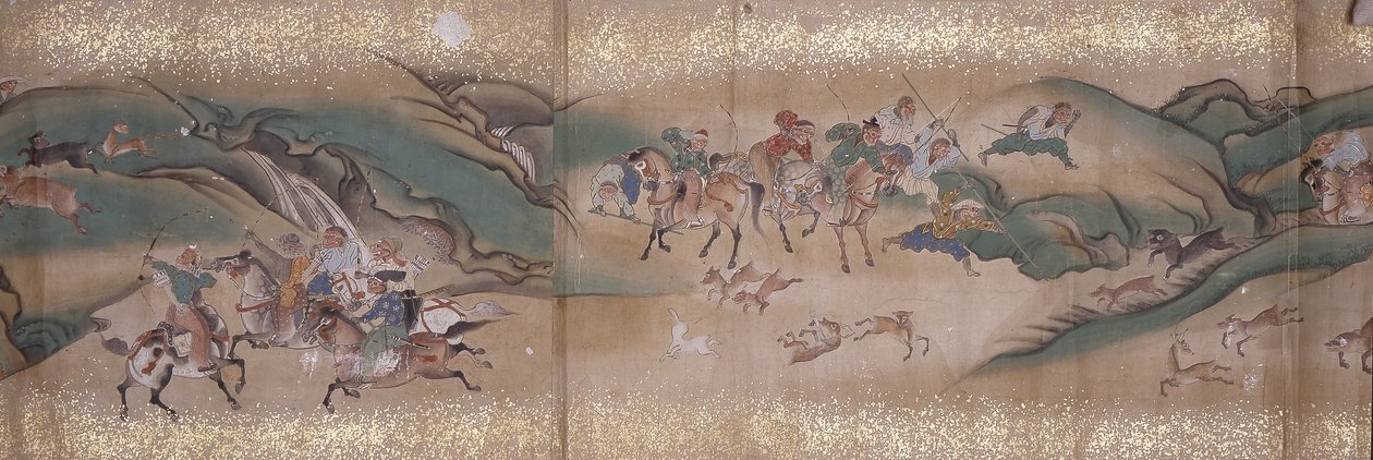 サル狩り（インク、色、紙） 作： 無名の画家