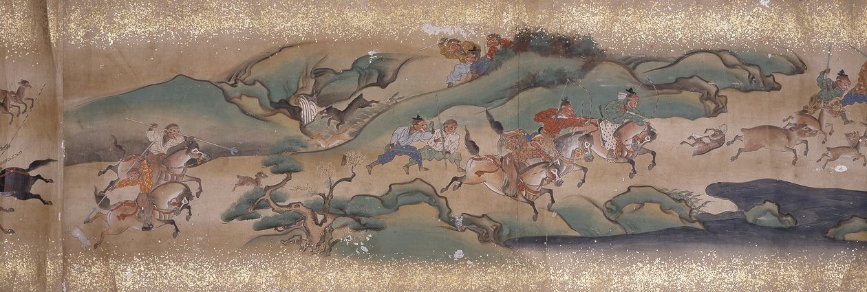 サル狩り（インク、色、紙） 作： 無名の画家