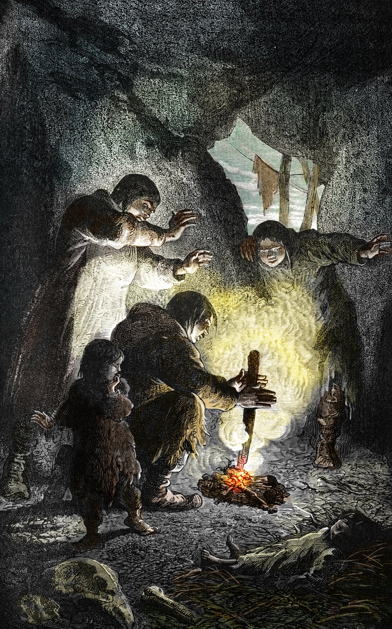 先史時代：火の発見 作： 無名の画家