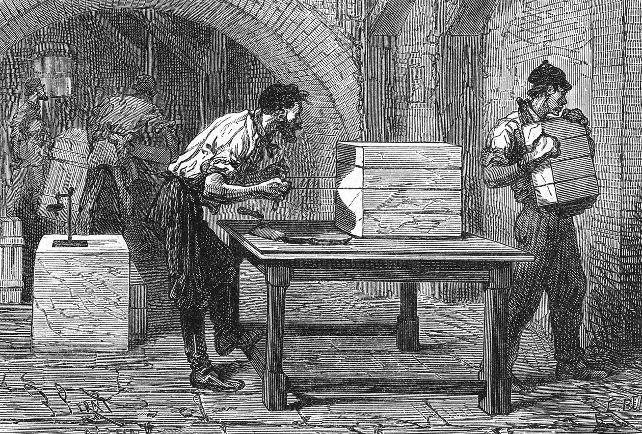 石鹸作り、マルセイユ、1880年頃（エングレーヴィング） 作： 無名の画家