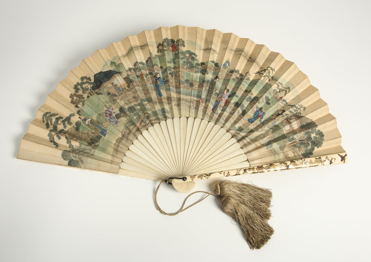 1880年代（象牙、紙、タッセル）の風景に日本の人物が描かれた印刷されたうちわ 作： 不明不明