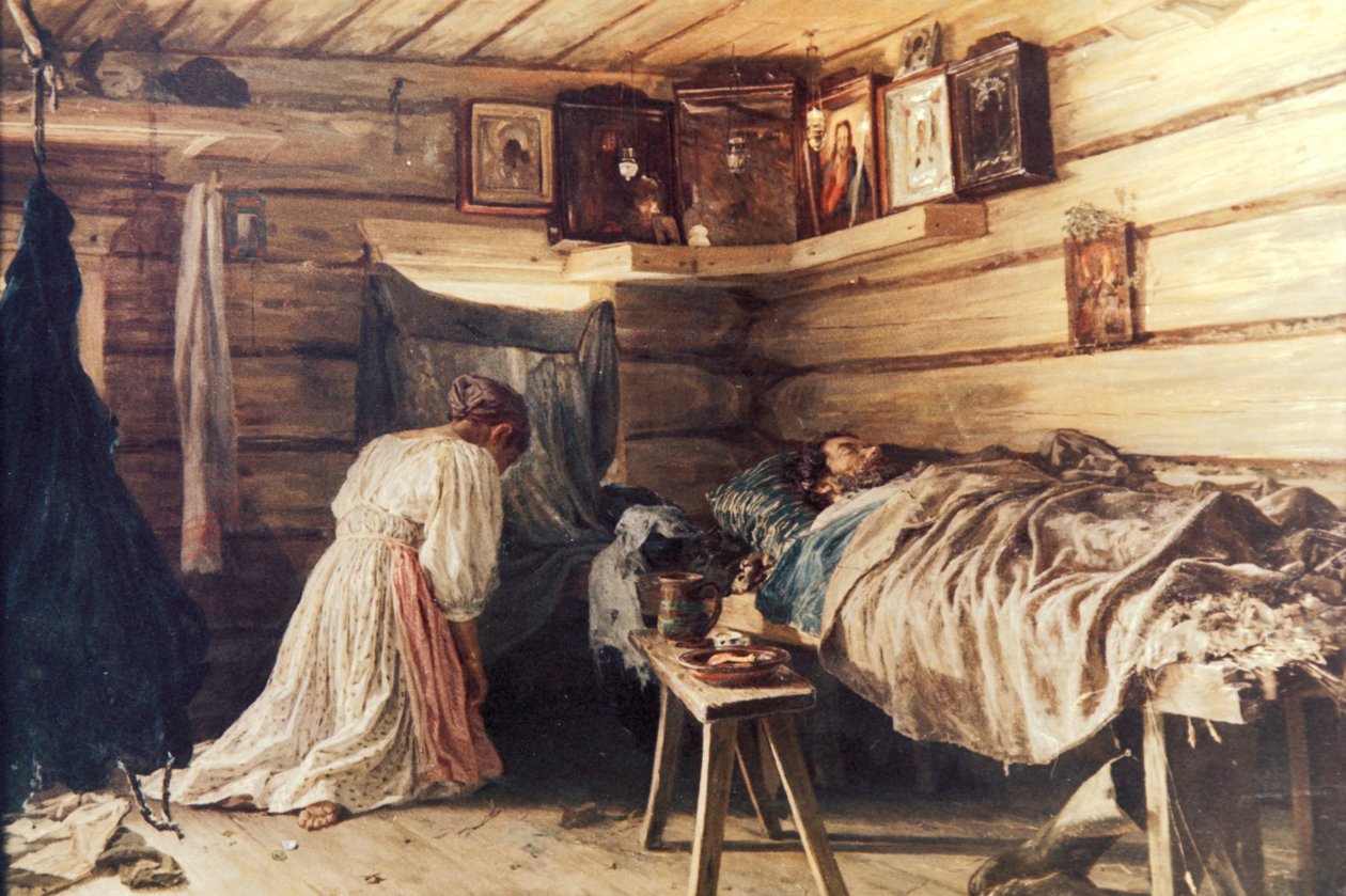 病人の夫、ヴァシリーマキシモフによる絵画、1881年。 作： 不明