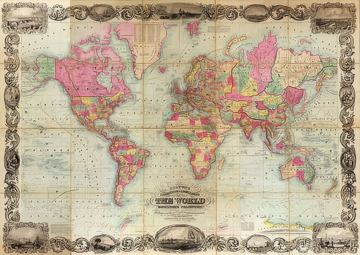 メルカトル図法の世界地図。 1854 作： 不明