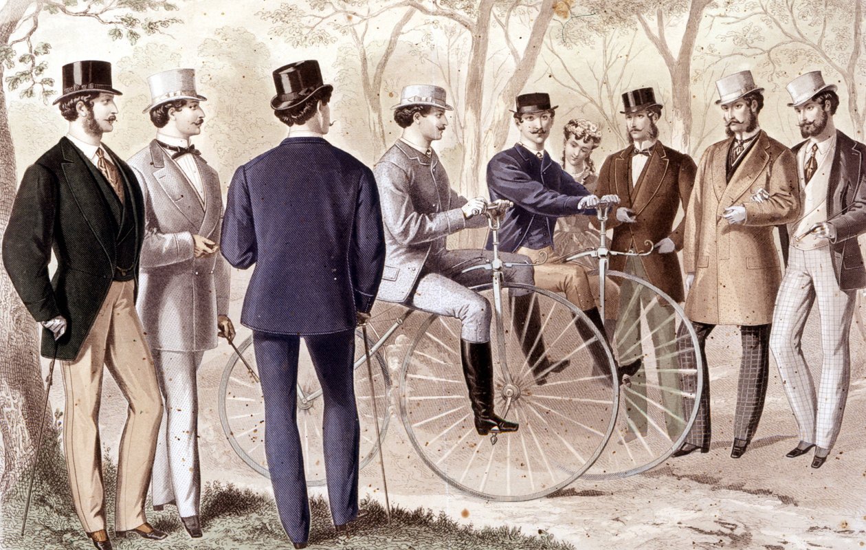 自転車に乗る。エングレーヴィング。1870. 作： 無名の画家