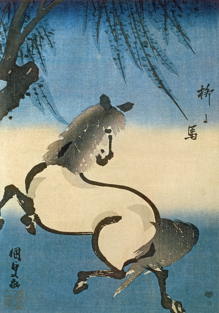 柳の木の下を疾走する馬（色木版画） 作： 歌川国貞
