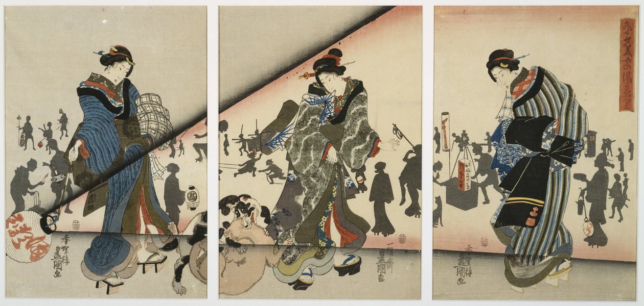19世紀半ばの女の子、動物、提灯の夜景（木版画、三連祭壇画） 作： 歌川国貞