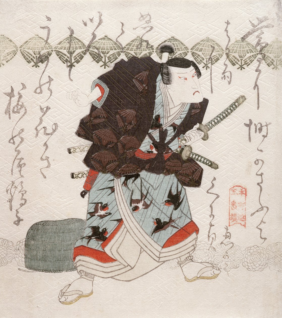 さやあて（鞘の衝突）の場面での名古屋三三としての尾上菊五郎、c.1827-30（色の木版画） 作： 歌川国貞