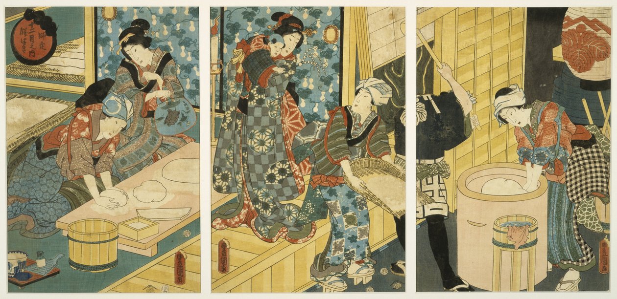 正月の準備（ドキドキ餅）、19世紀半ば（木版画、三連祭壇画） 作： 歌川国貞