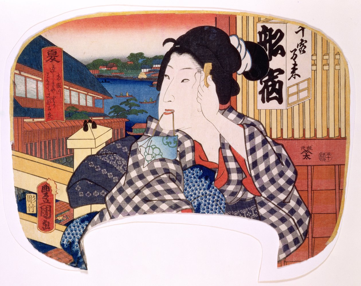 夏、両国の川。彼女の髪をとかす芸者、季節を示す4つのセットのファンのためのデザイン、1858年（木版画） 作： 歌川国貞