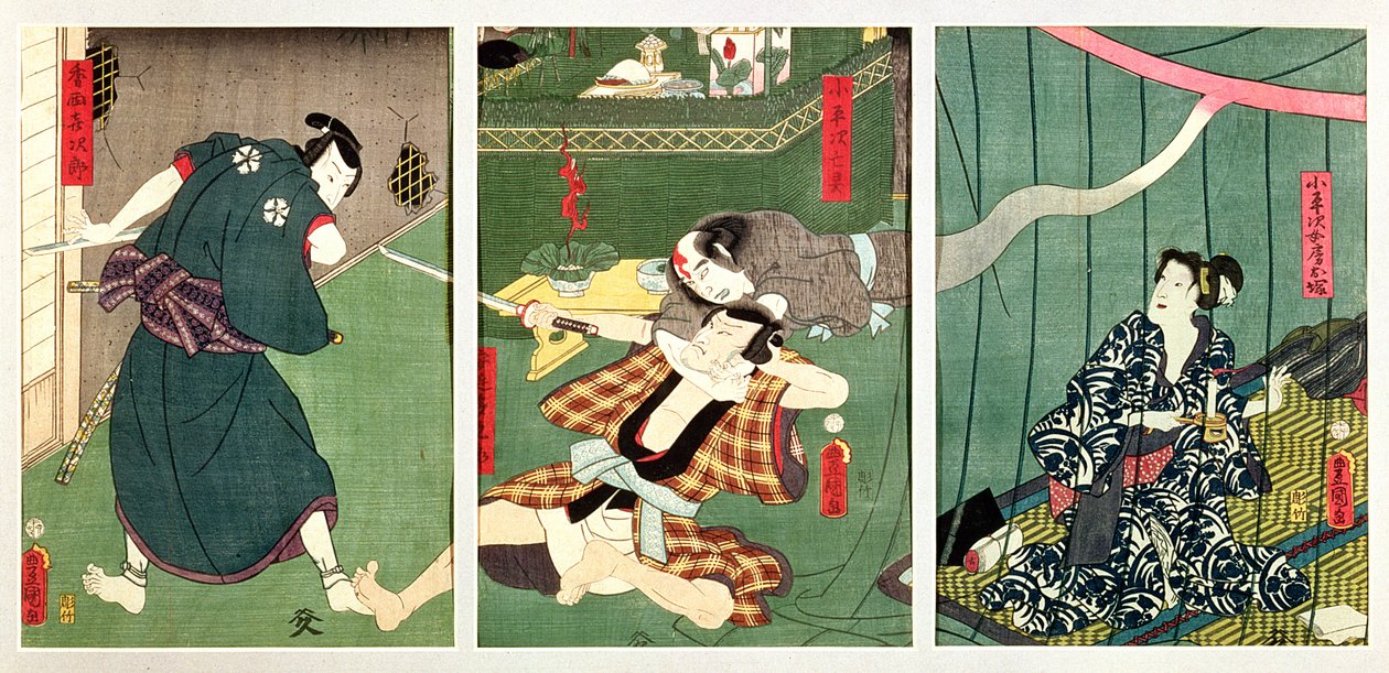 The actors Ichikawa Kodanji IV as the Ghost of Koheiji with wai Kumesaburo as O-Tsuka, wife of Koheiji, Sawamura Tossho II and Kijiro in a scene from the play Kohada no kaii ame no furu numa perform 作： 歌川国貞