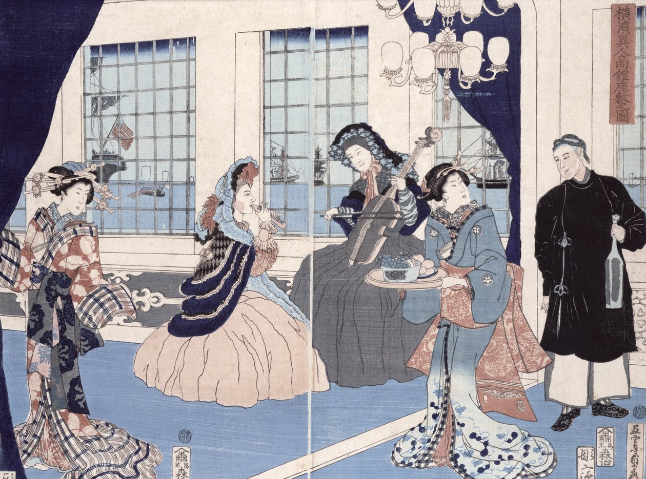1861年横浜の外国商家の家のサロン（カラー木版画） 作： 歌川貞秀