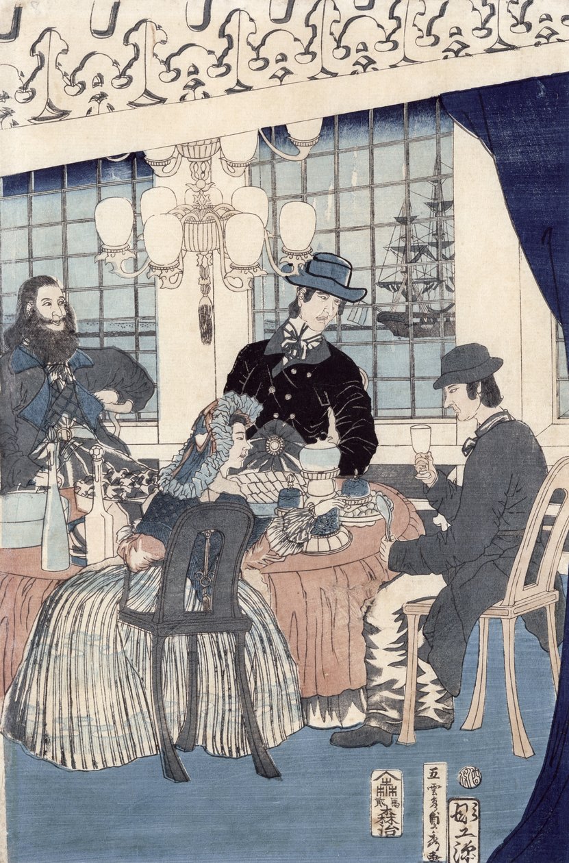 1861年横浜の外国商家の家のサロン（カラー木版画） 作： 歌川貞秀