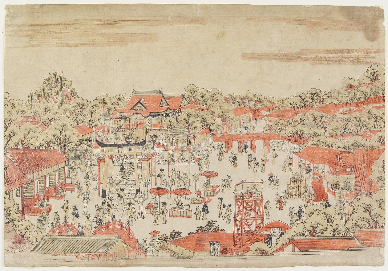 （神社境内の風景）、c。 1764-1782 作： 歌川豊春