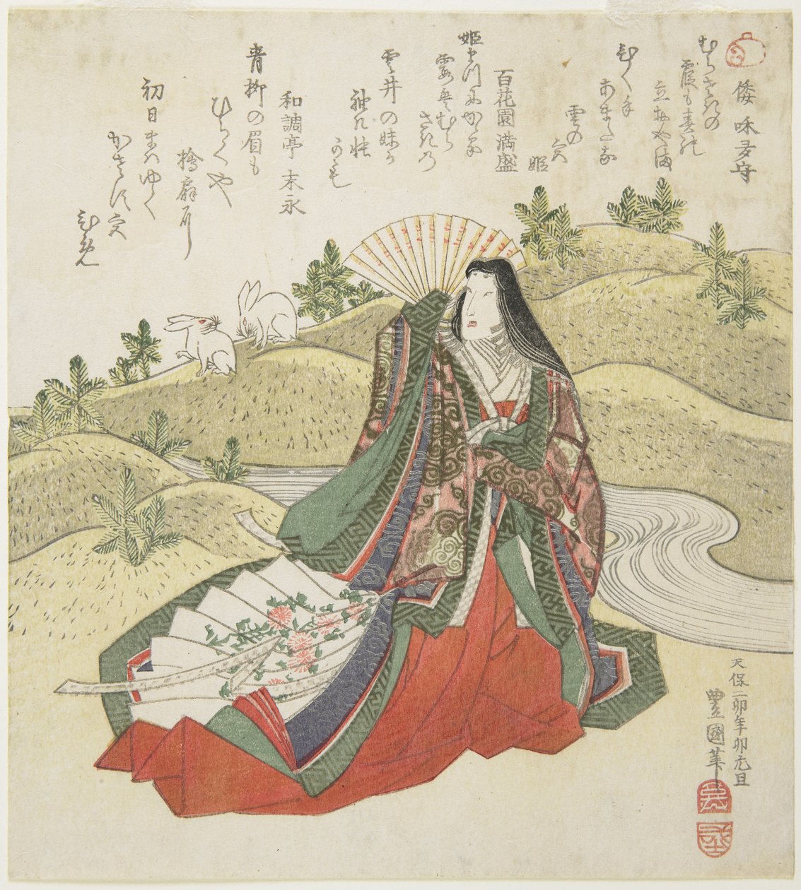 （コート・レディと二匹のウサギ）、1831年1月 作： 歌川豊国
