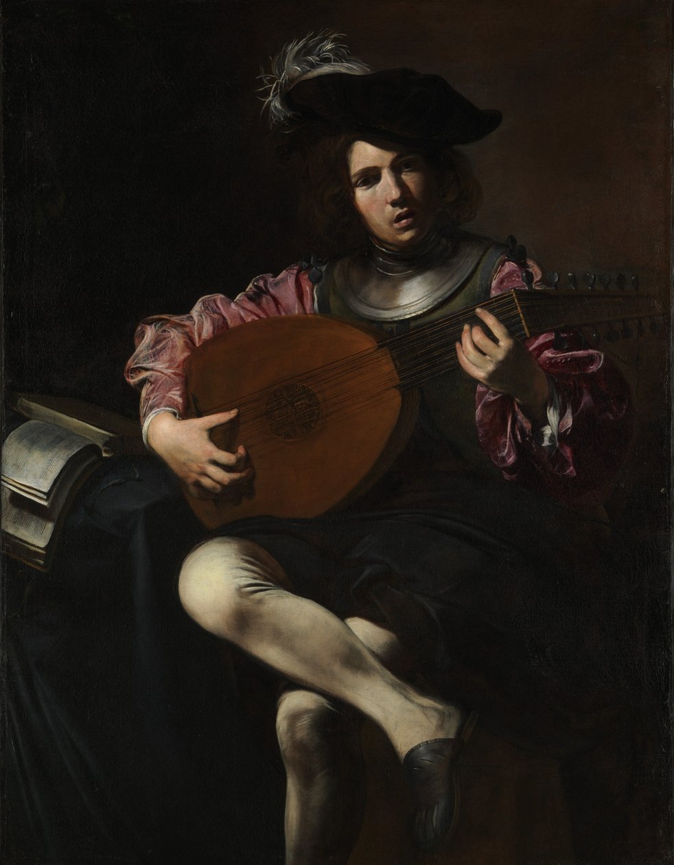 リュート奏者、c.1625-26（帆布に油彩） 作： バレンティン・ド・ブローニュ