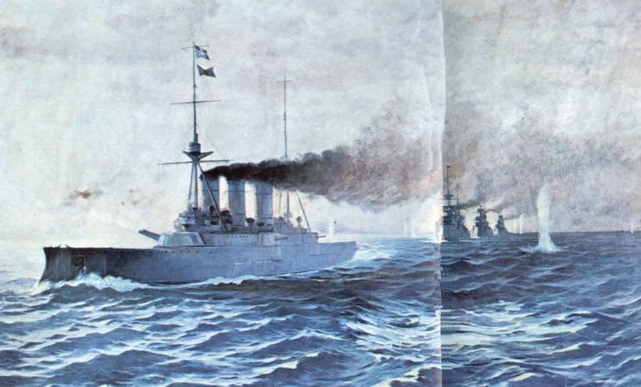 1912年12月13日、エリの海戦、1913年にピレウスにあるギリシャ海軍博物館のヴァシレイオスチャティス1865-1915によって描かれました。巡洋艦Averofが前にあり、3隻の古い戦艦Hydra、Spetsai、Psaraが続いて、 作： ヴァシリオス・ハッツィス
