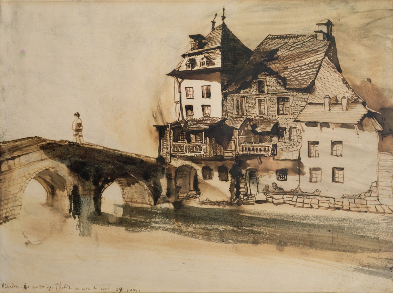 1871年7月28日、ヴィアンデンの橋のそばにある私が住む家（ペンとインク、紙に洗う） 作： ビクター・ユーゴー