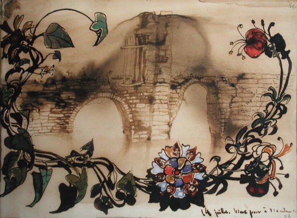 1871年のヴィアンデンの古い橋（ペンとインク、紙のトイレ） 作： ビクター・ユーゴー