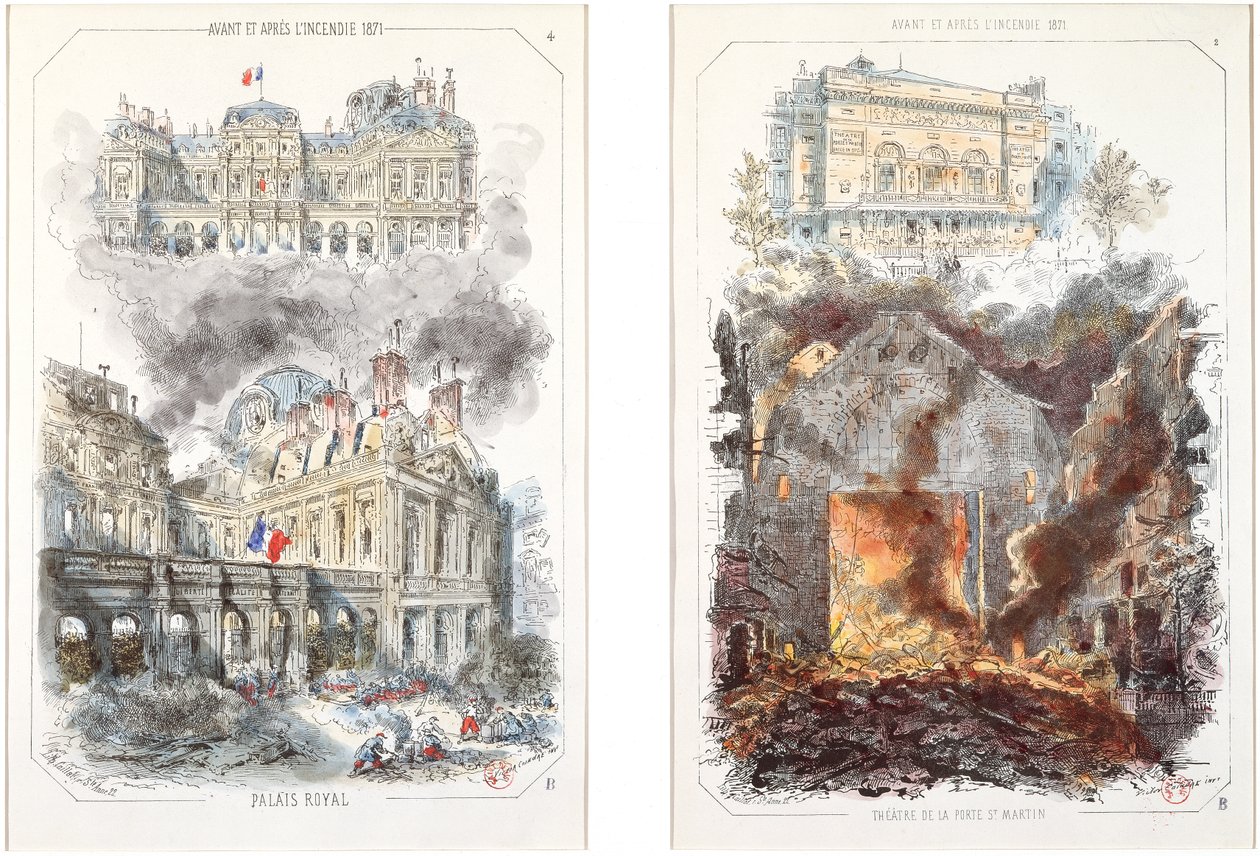 1871年の火災前後のパレロワイヤルとテアトルデラポルトサンマルタン 作： コインドルの後のビクター