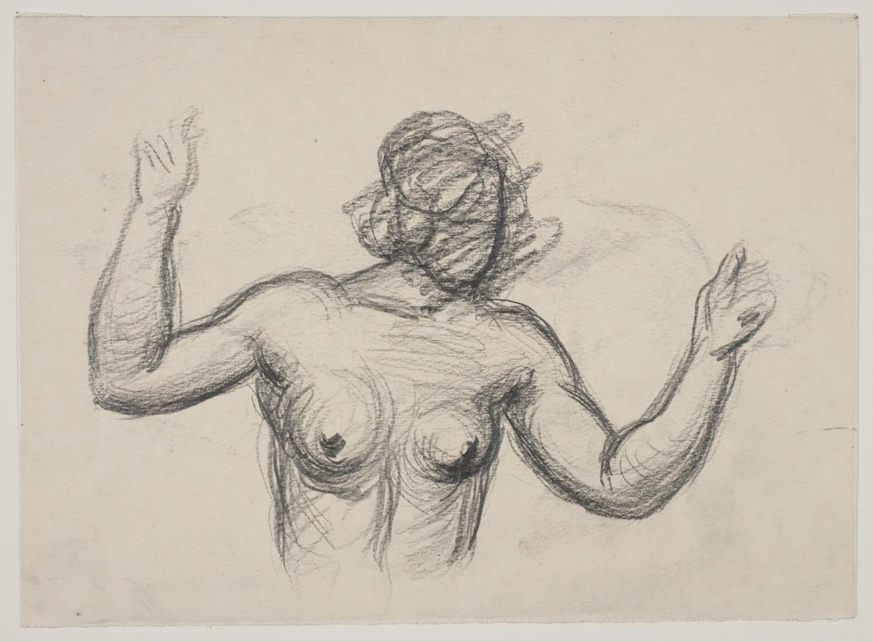 女性の姿、半分の長さ、腕を上げている 作： Wilhelm Lundstrom