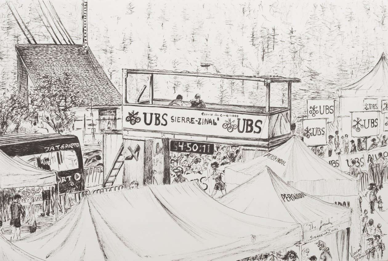Sierre to Zinal Mountain Race、The Finish 2012（紙にインク） 作： ヴィンセントアレクサンダーブース